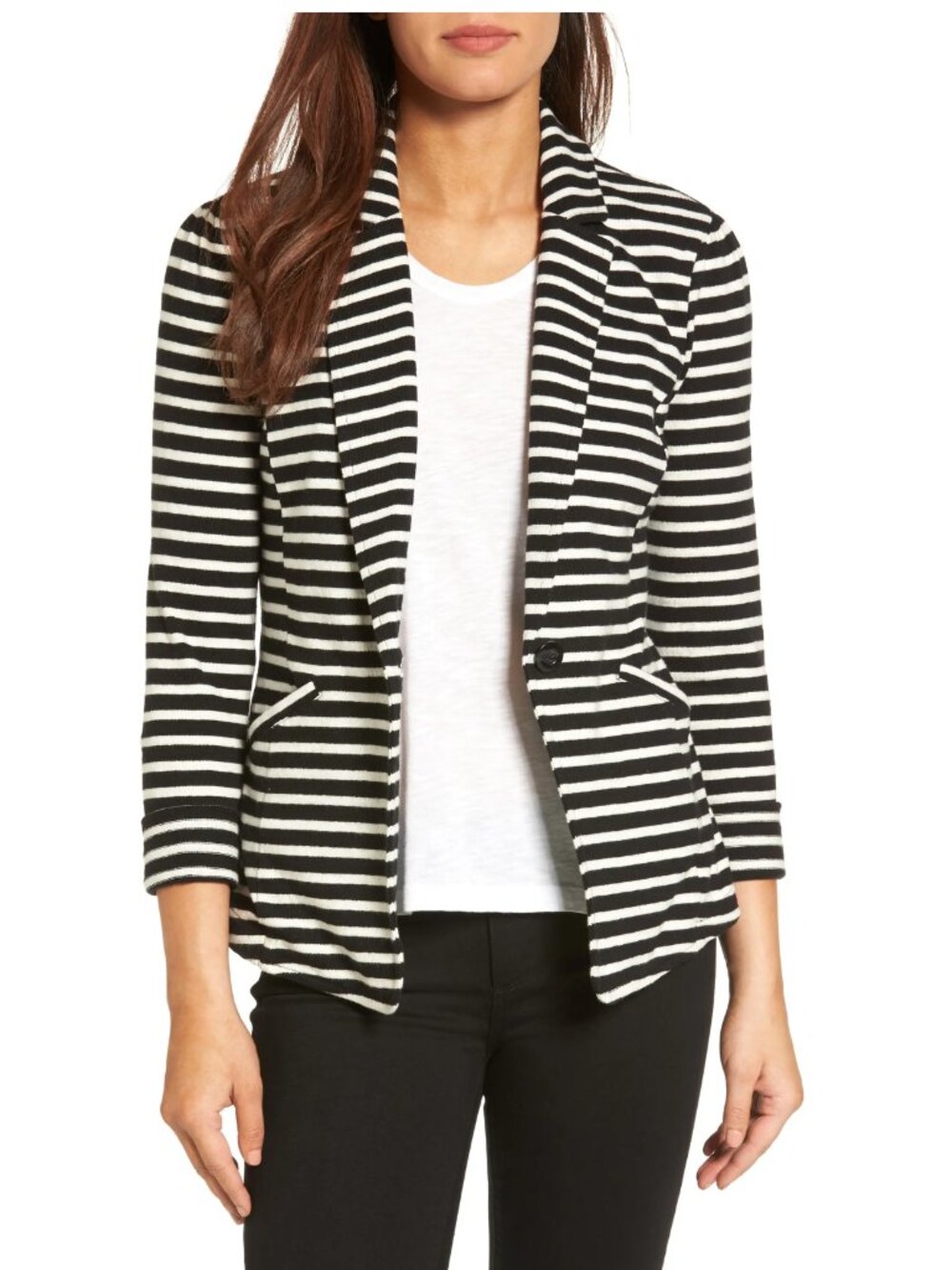 Caslon Striped Cotton Knit Blazer Jacket Black White XS